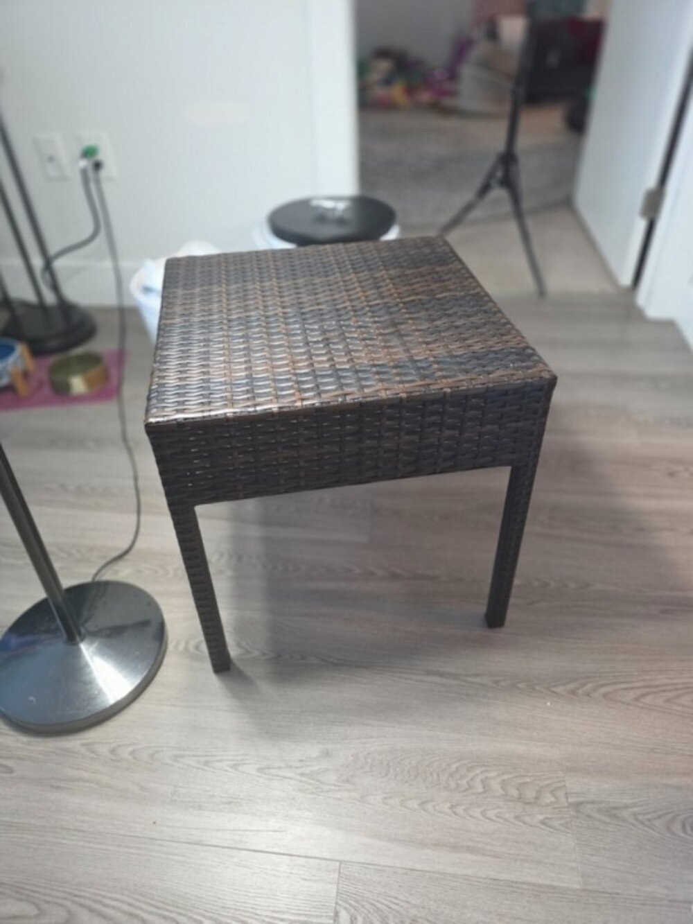 Wicker side table, outdoor accent table with metal frame